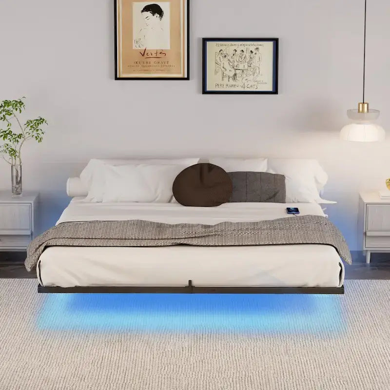 Cadre de lit flottant King Size avec lumières LED et station de charge - Plateforme en métal