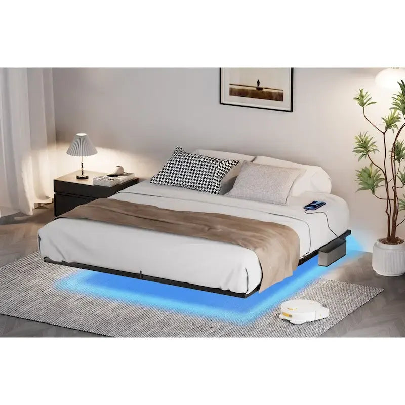 Cadre de lit flottant King Size avec lumières LED et station de charge - Plateforme en métal