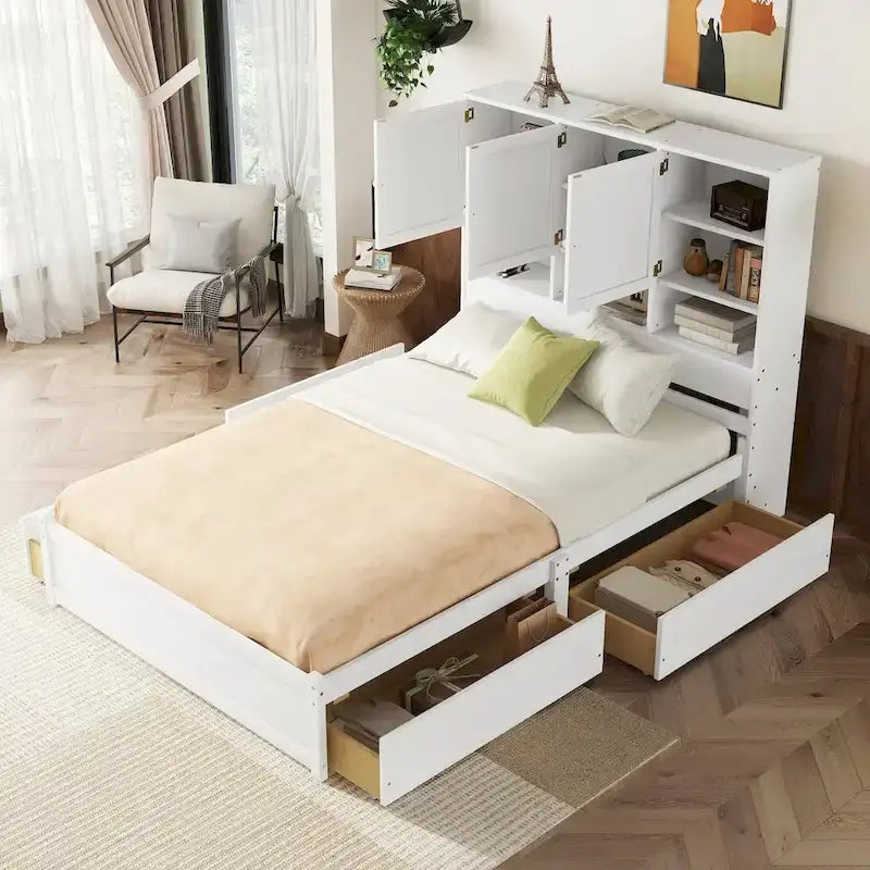 Lit plateforme Queen Size avec tête de lit de rangement et 4 tiroirs