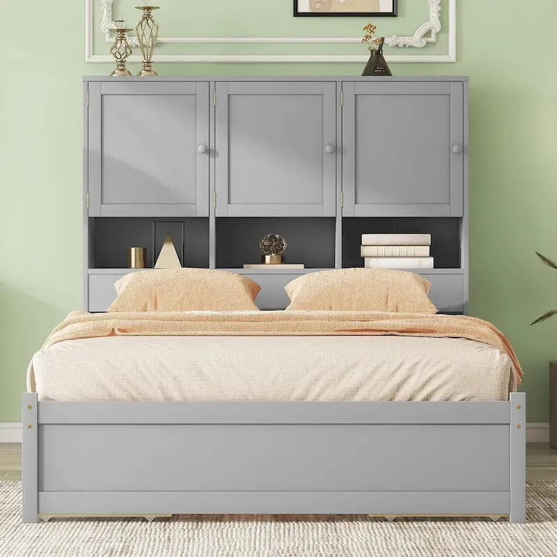 Lit plateforme Queen Size avec tête de lit de rangement et 4 tiroirs