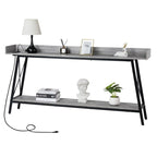 Table console de 180 cm avec 2 prises de courant et ports USB, table de canapé industrielle rustique pour salon