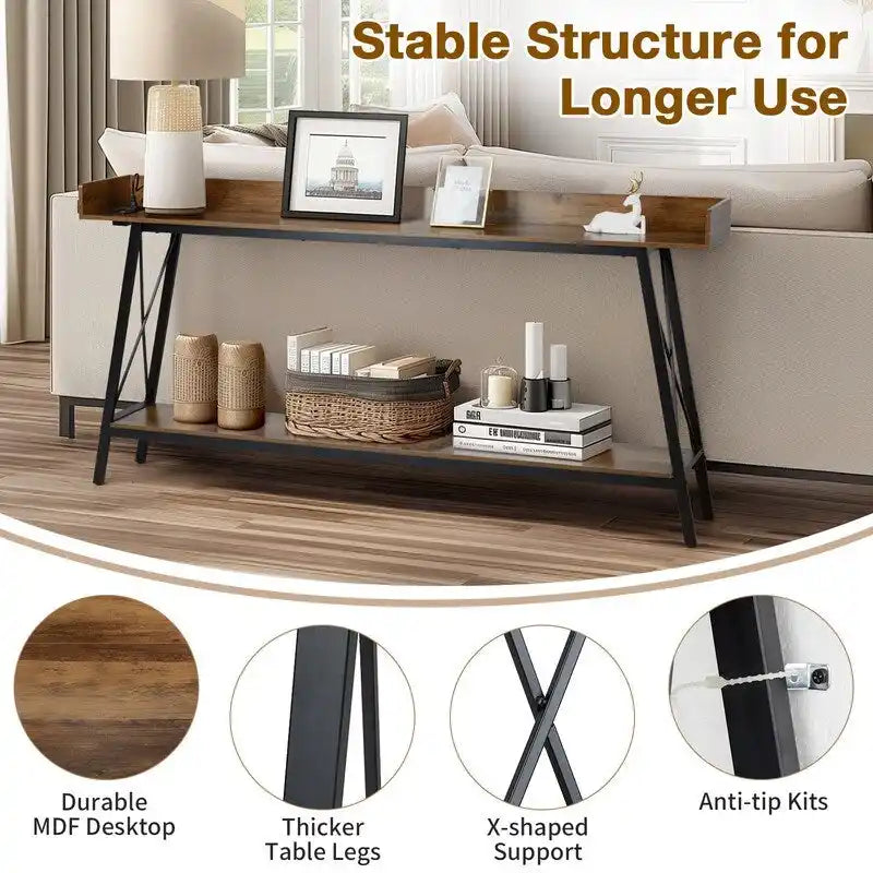 Table console de 180 cm avec 2 prises de courant et ports USB, table de canapé industrielle rustique pour salon