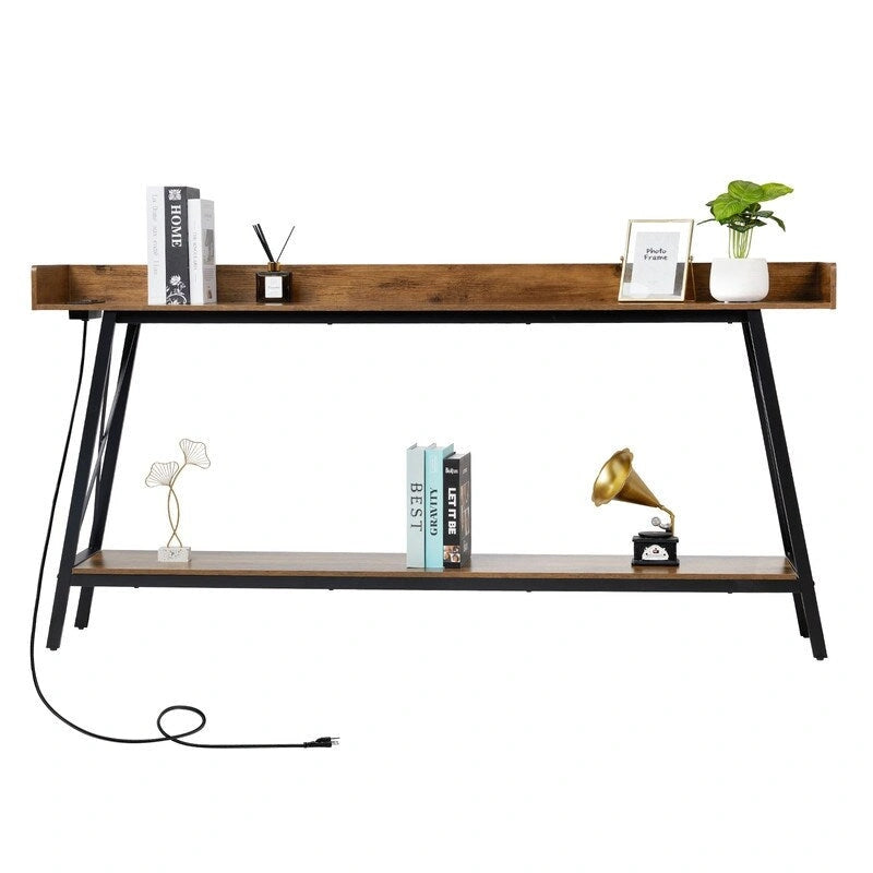 Table console de 180 cm avec 2 prises de courant et ports USB, table de canapé industrielle rustique pour salon
