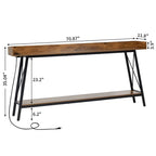 Table console de 180 cm avec 2 prises de courant et ports USB, table de canapé industrielle rustique pour salon