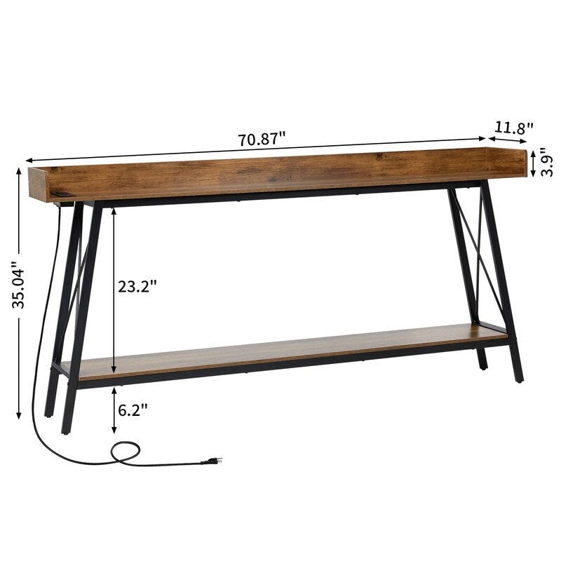 Table console de 180 cm avec 2 prises de courant et ports USB, table de canapé industrielle rustique pour salon