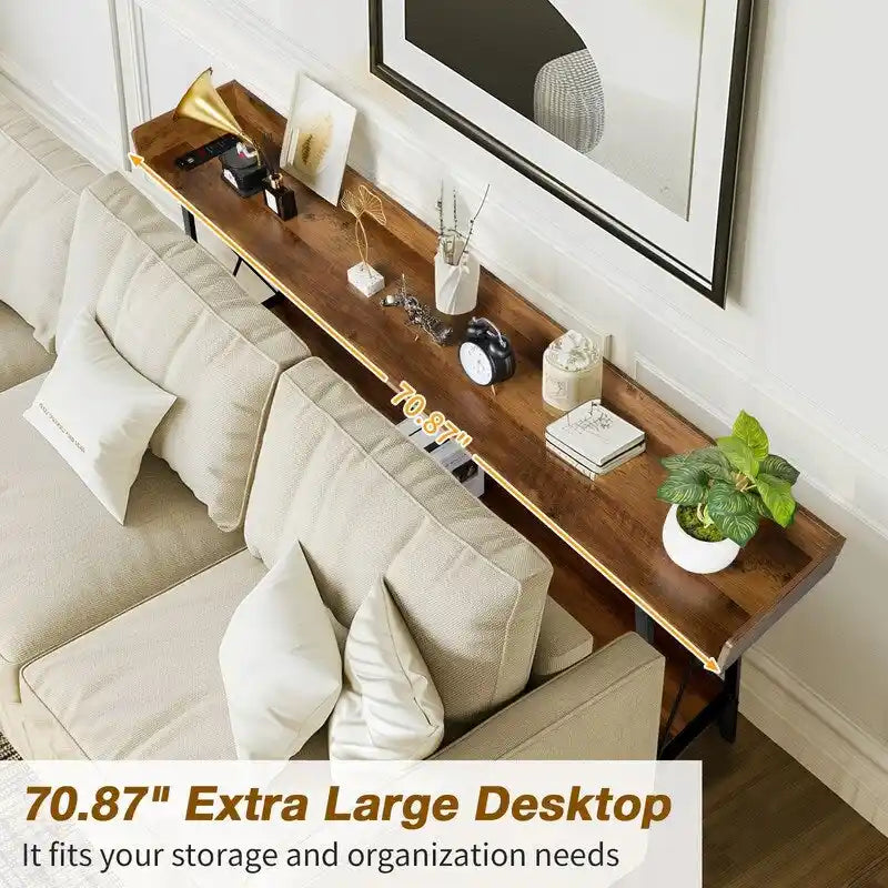 Table console de 180 cm avec 2 prises de courant et ports USB, table de canapé industrielle rustique pour salon