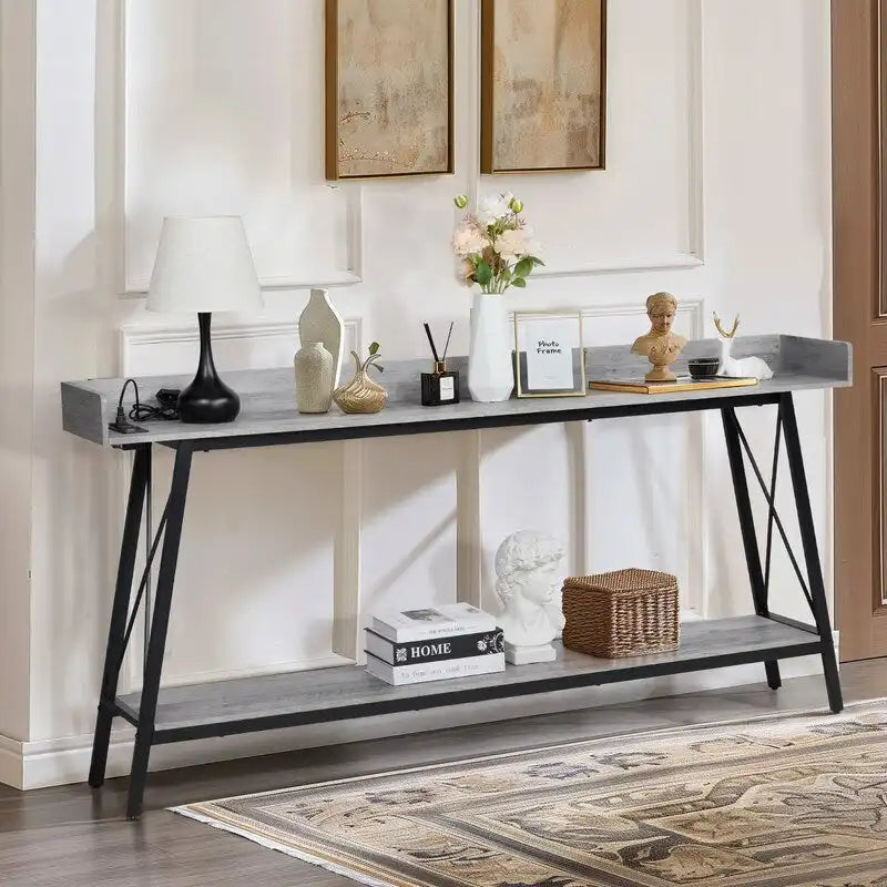 Table console de 180 cm avec 2 prises de courant et ports USB, table de canapé industrielle rustique pour salon