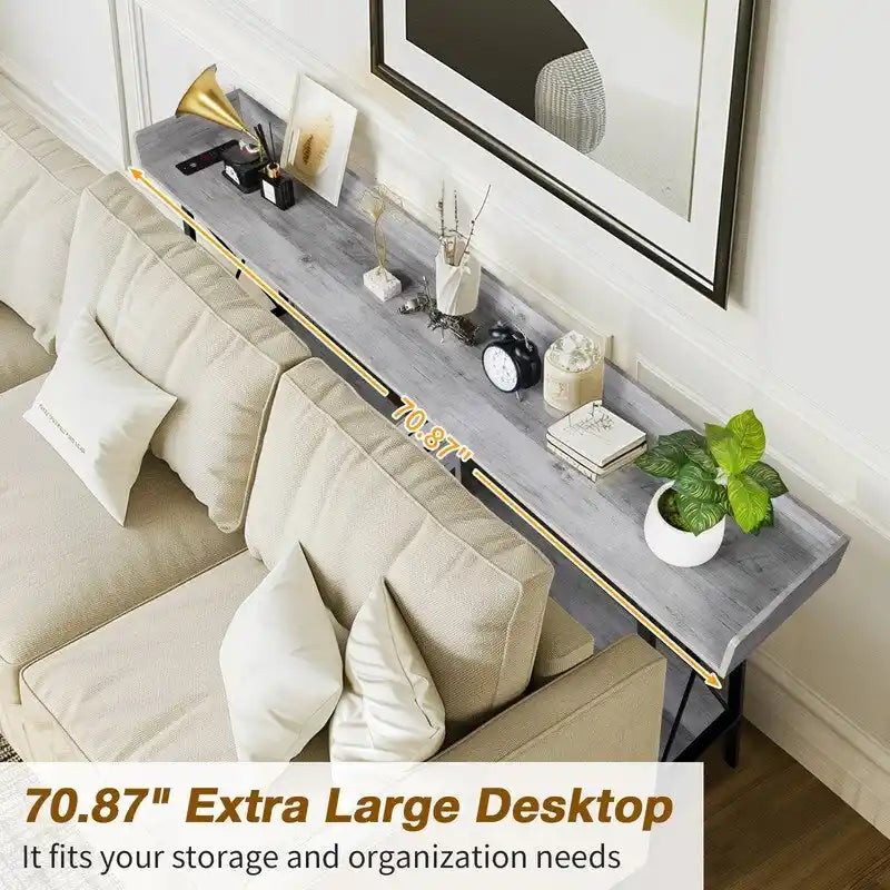Table console de 180 cm avec 2 prises de courant et ports USB, table de canapé industrielle rustique pour salon