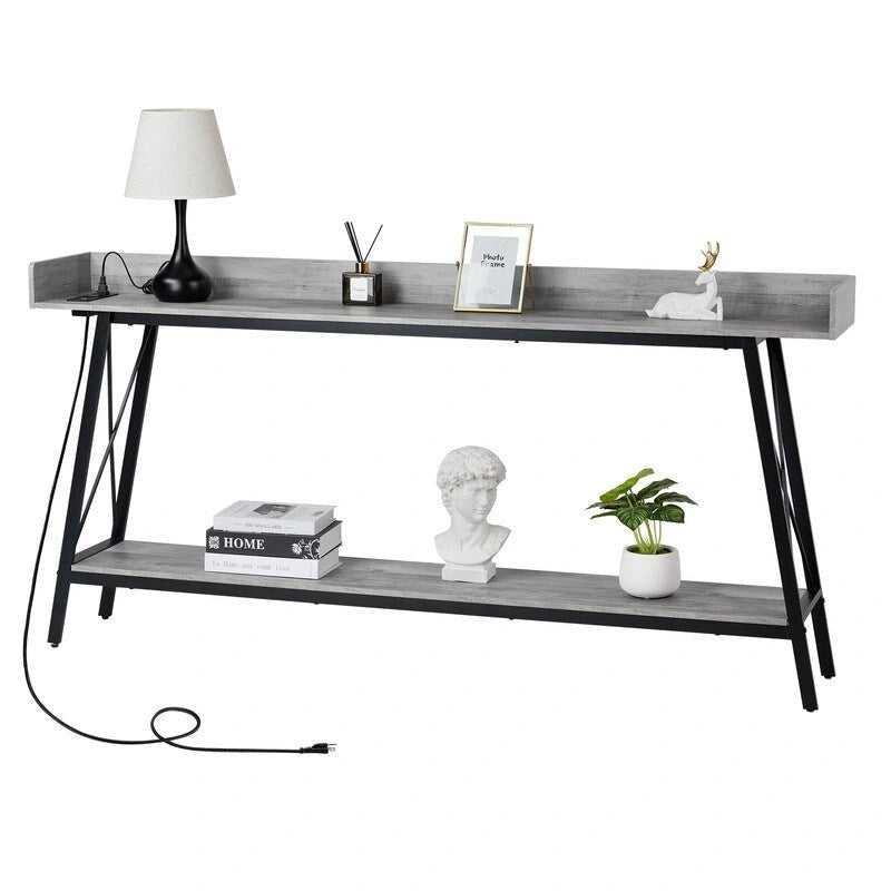 Table console de 180 cm avec 2 prises de courant et ports USB, table de canapé industrielle rustique pour salon