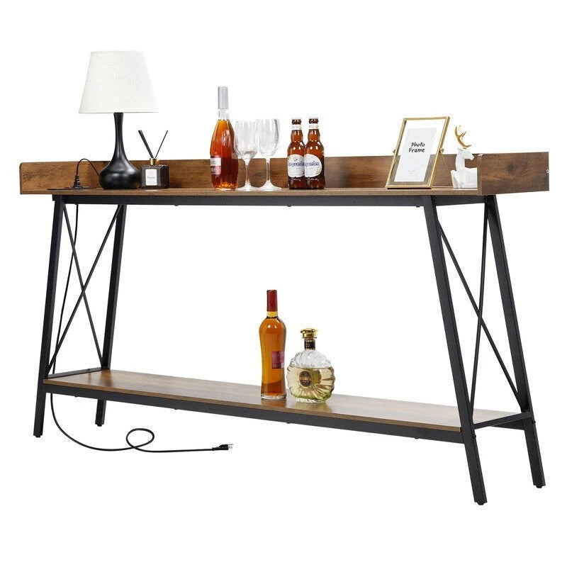 Table console de 180 cm avec 2 prises de courant et ports USB, table de canapé industrielle rustique pour salon