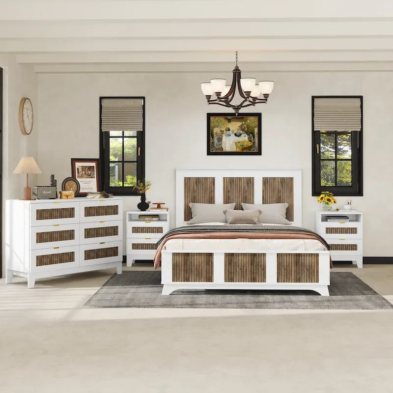 Ensembles de chambre à coucher 4 pièces, lit plateforme Queen Size style ferme avec décoration en lattes de bois, table de chevet et commode de rangement