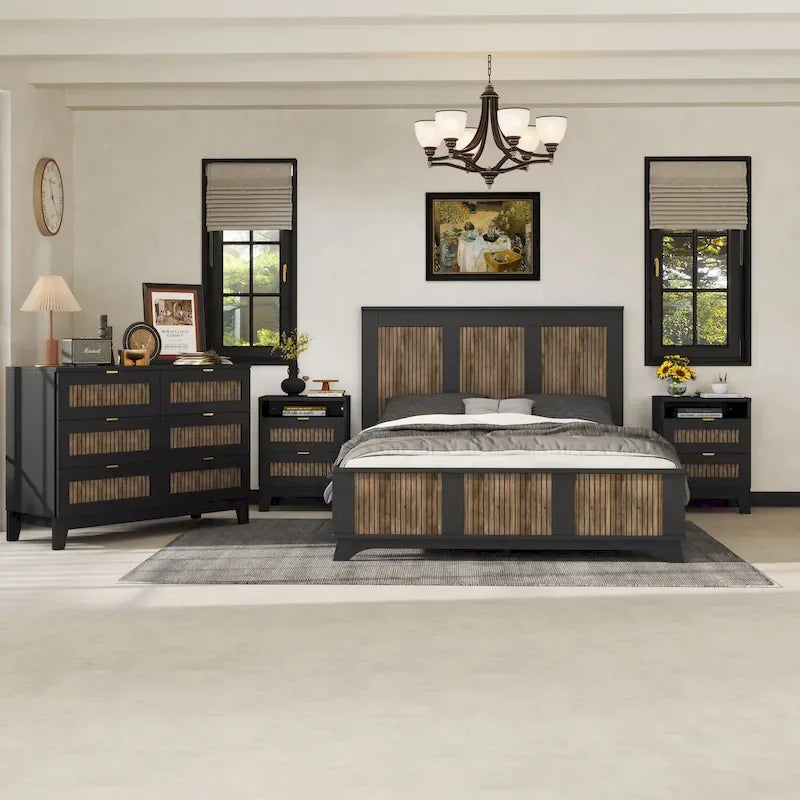 Ensembles de chambre à coucher 4 pièces, lit plateforme Queen Size style ferme avec décoration en lattes de bois, table de chevet et commode de rangement