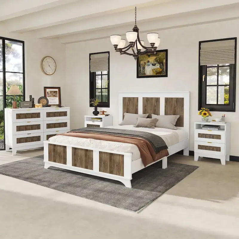 Ensembles de chambre à coucher 4 pièces, lit plateforme Queen Size style ferme avec décoration en lattes de bois, table de chevet et commode de rangement