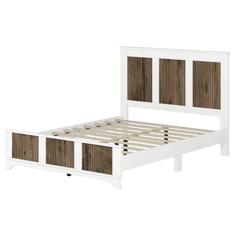 Ensembles de chambre à coucher 4 pièces, lit plateforme Queen Size style ferme avec décoration en lattes de bois, table de chevet et commode de rangement