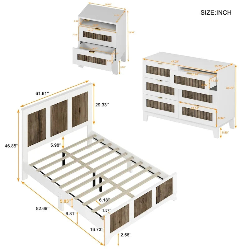 Ensembles de chambre à coucher 4 pièces, lit plateforme Queen Size style ferme avec décoration en lattes de bois, table de chevet et commode de rangement