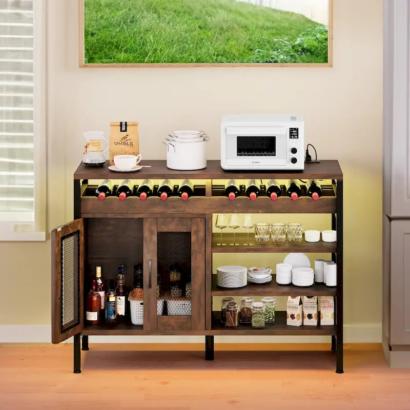 Moasis 47 Meuble Bar à Vin avec Prises et Lumières LED Meubles Bar à Café Industriels - 120L x 40l x 85H cm