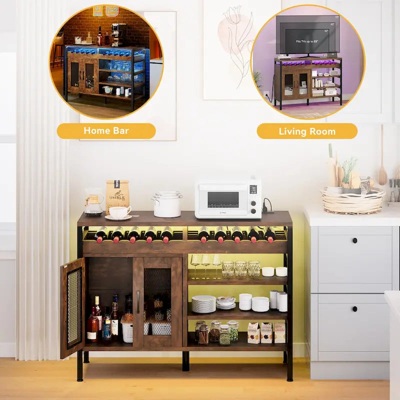 Moasis 47 Meuble Bar à Vin avec Prises et Lumières LED Meubles Bar à Café Industriels - 120L x 40l x 85H cm