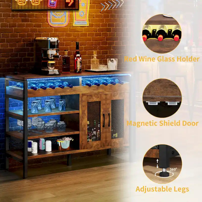 Moasis 47 Meuble Bar à Vin avec Prises et Lumières LED Meubles Bar à Café Industriels - 120L x 40l x 85H cm