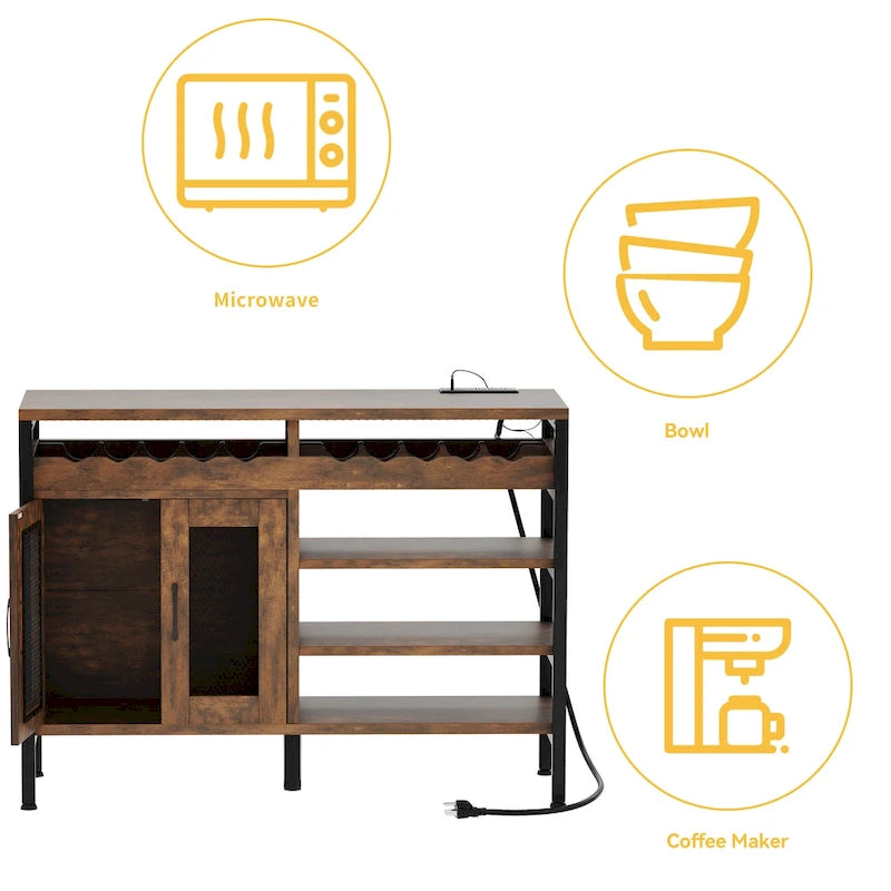 Moasis 47 Meuble Bar à Vin avec Prises et Lumières LED Meubles Bar à Café Industriels - 120L x 40l x 85H cm