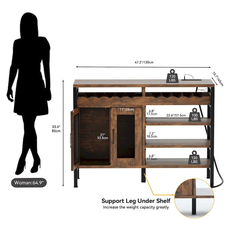 Moasis 47 Meuble Bar à Vin avec Prises et Lumières LED Meubles Bar à Café Industriels - 120L x 40l x 85H cm