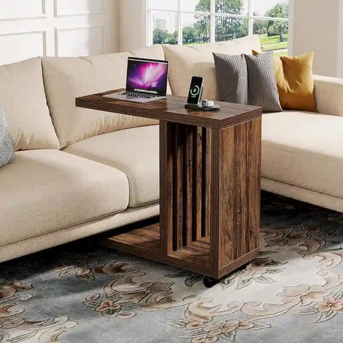 2-Tier C-Shaped End Table, Mobile Side Table for Couch and Bed with Lockable Wheels