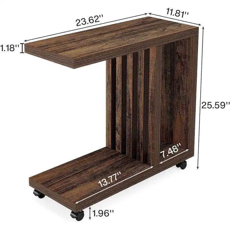 2-Tier C-Shaped End Table, Mobile Side Table for Couch and Bed with Lockable Wheels