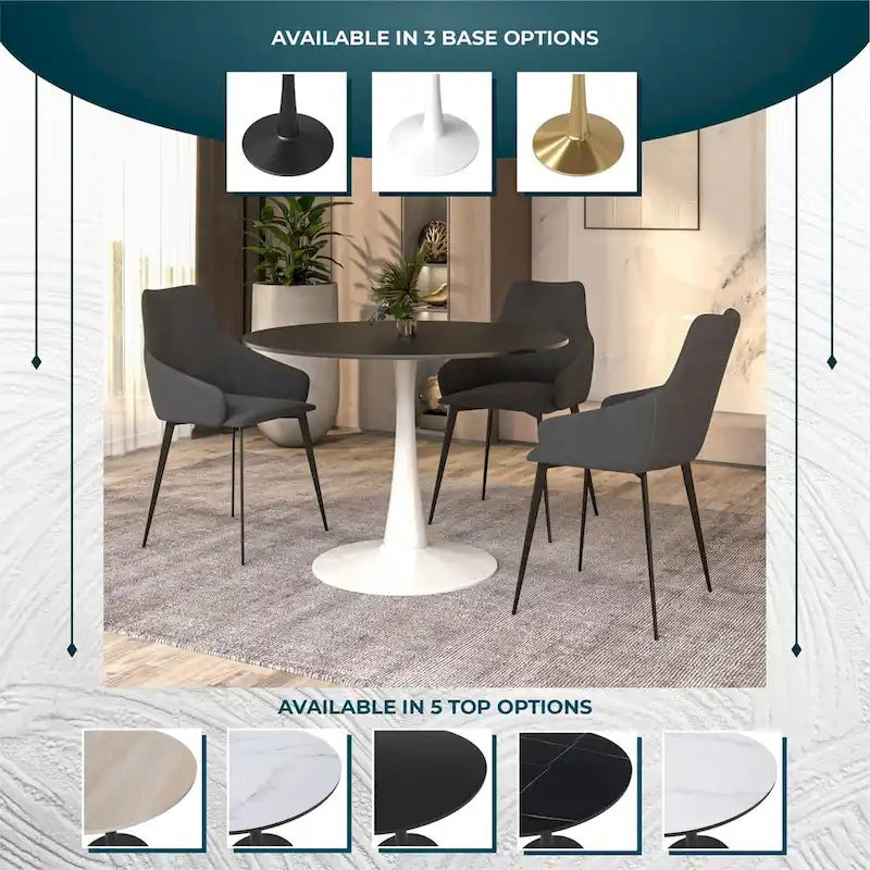 Table à manger ronde LeisureMod Bristol 40 pour 4 personnes avec plateau en MDF, piètement en acier blanc pour cuisine et salle à manger