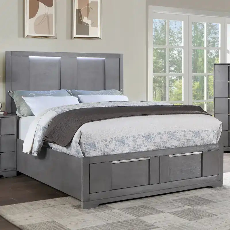Ensemble de chambre à coucher 5 pièces avec plateforme de rangement en bois gris Tona Contemporary de Furniture of America avec lumières DEL